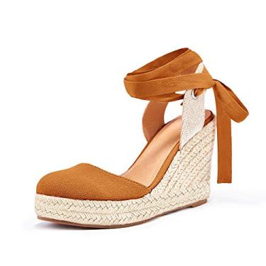 Imagem de Ermonn Sandálias femininas de alpargatas plataforma plataforma fechada tira no tornozelo cadarço sapatos de verão, 1 marrom, 37