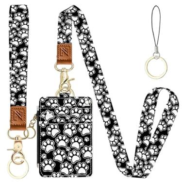 Imagem de Porta-crachá de identificação 2 em 1 preto e branco Dog Paws e carteira com cordão para professores, enfermeiras, profissionais - linda bolsa de moedas com zíper, alça de pulso removível e cordão de