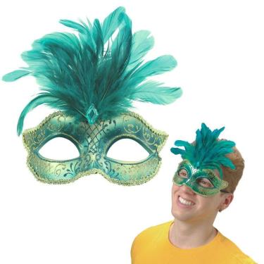 Imagem de Máscara Turqueza E Dourada Carnaval Fantasia Festa Baile Luxo Com Plumas
