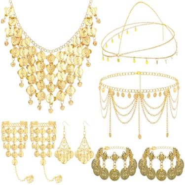 Imagem de NEWITIN Conjunto de 9 peças de joias de dança do ventre para mulheres banhado a ouro corrente de cabeça vintage moedas véu colar brincos pulseira tornozeleira corrente de cintura estilo indiano