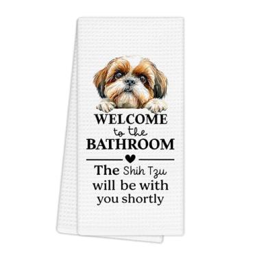 Imagem de EGBTL Presentes engraçados de Shih Tzu, toalhas de cozinha, decoração de banheiro engraçada, presentes de cachorro para amantes de cães, decoração de toalhas de mão, bem-vindo ao banheiro, um cachorro