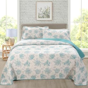 Imagem de WINLIFE Conjunto de cama 100% algodão, litoral, praia, leve, oceano, água, algas marinhas, padrão coral para todas as estações (248 x 266 cm)