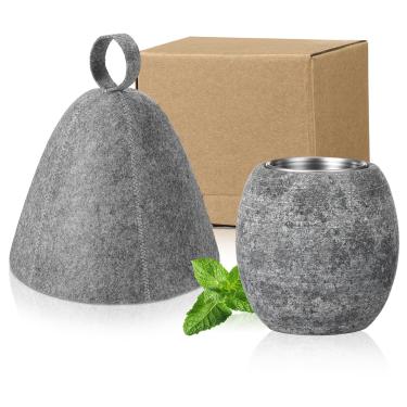 Imagem de Jiuguva 2 peças de acessórios de sauna incluídos chapéu de sauna de feltro e copo de aromaterapia com tigela de aço inoxidável, difusor de óleo essencial, tampa protetora de cabelo para sala quente