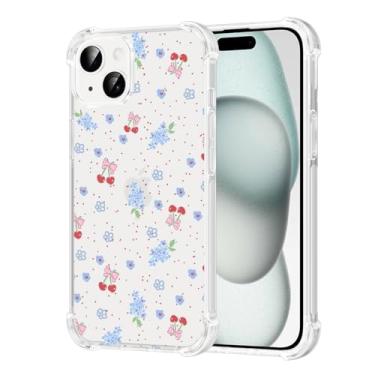 Imagem de FBHGLOA Capa de telefone para iPhone 15 de 6,1 polegadas, lindas folhas florais azuis, design de bolinhas e cereja com laço bonito, proteção total de TPU macio, à prova de choque, antiamarela, capa
