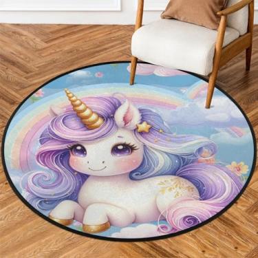 Imagem de Tapete redondo de 1,5 m de unicórnio fofo roxo macio tapete circular antiderrapante lavável tapete de porta para interior quarto berçário sala de estar cozinha banheiro entrada casa tapete decoração