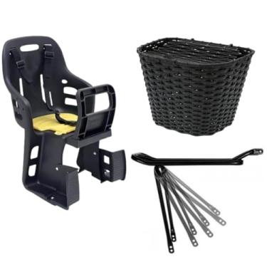 Imagem de Kit Cadeirinha Infantil Traseira Bicicleta Bike + Bagageiro Garupa Suporte Articulado + Cesta C Tampa Grande Nylon Preta