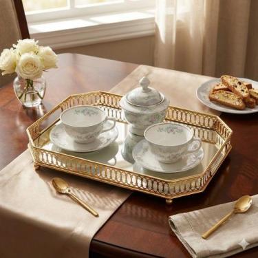 Imagem de Bandeja Luxo Espelhada Decorativa Dourada Retangular 35x25cm Alira Hom