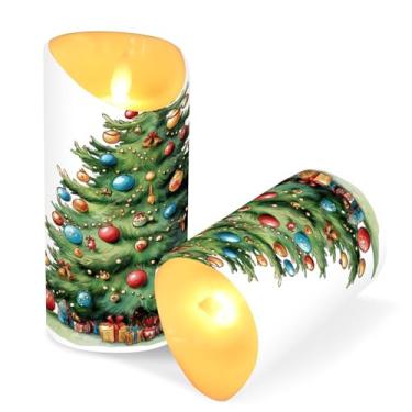 Imagem de Blueangle Pacote com 2 velas de árvore de Natal em aquarela sem chama com controle remoto e temporizador, velas LED cintilantes (7,6 cm x 15 cm) para decoração de casa, casamento, acampamento (105)