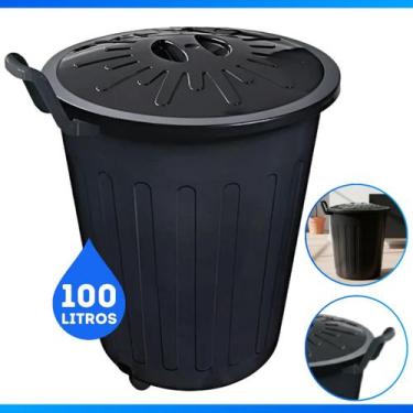 Imagem de Lixeira Redonda Preta 100 Litros Com Puxador Tampa Rodas - Arqplast