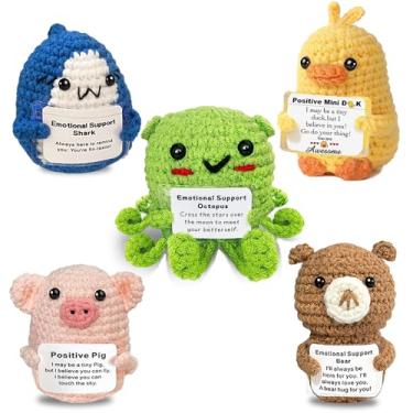 Imagem de AicooFest 5 Peças Animais De Crochê Positivos Tubarão Pato Positivo Com Suporte Feito À Mão Suporte Emocional Crochê Pelúcia Bonecas Com Cartão Inspirador Bonito Engraçado Homens Mulheres Presentes P