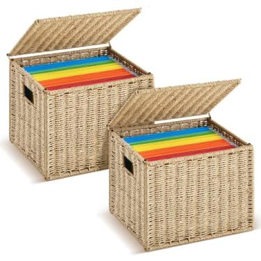 Imagem de Jingmore 2 pacotes de caixa de arquivos de corda de papel organizadores de arquivo dobrável tamanho carta com tampa cesta de arquivo suspensa portátil caixa de armazenamento de documentos decorativa