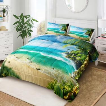 Imagem de Bedbay Conjunto de edredom de praia tropical, tamanho Queen, ilha costeira, férias, estilo Havaí, microfibra macia, para verão, leve, conjunto de edredom com tema de praia, 4 peças, para todas as
