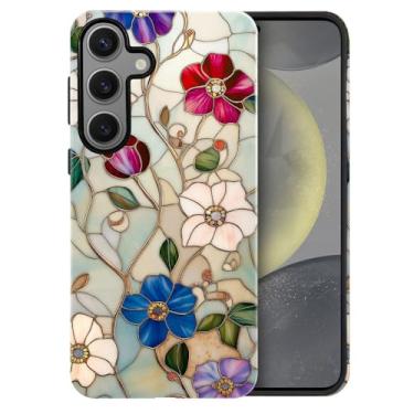 Imagem de heindiy Compatível com Samsung Galaxy S24 FE, capa brilhante, proteção total, à prova de choque, anti-arranhões, capa de TPU, capas para homem mulher - vitral de flor encantadora vintage