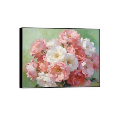 Imagem de BMZFYBS Pintura de arte de parede de flores - imagem de decoração vintage - flores brancas e rosa - impressões em tela moldura preta para sala de estar 50 x 65 cm 20 x 26 pol