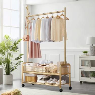 Imagem de Pleatopia Arara de roupas com prateleiras de armazenamento, suporte de roupas resistente com rodas para quarto, sala de estar, organização de lavanderia