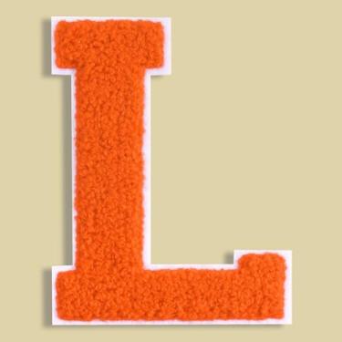 Imagem de QianSiLi Adesivos de letras universitárias de chenille laranja de 11 cm, letras grandes para jaquetas Letterman, moletons com capuz, mochilas, coletes, roupas, adesivos individuais da letra L