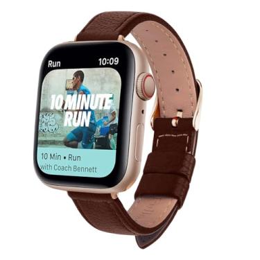 Imagem de XLCZMYL Pulseira de relógio fina de couro para relógio série 7 SE 6 5 4 3 2 1 de 40 mm, 44 mm, 38 mm, 42 mm, couro feminino, ouro rosa, marrom escuro, 42 mm