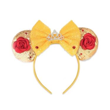 Imagem de Bandanas de orelhas de rato para mulheres e meninas – Faixa de cabelo moderna de lantejoulas com laço amarelo, coroa brilhante, flores vermelhas para princesa, cosplay, decorações de festa, acessórios