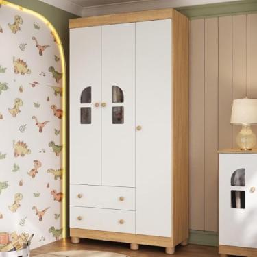 Imagem de Guarda-roupa Infantil 92cm com Vidro 3 Portas e 2 Gavetas Nina Multimóveis Mp4503 Madeirado/branco