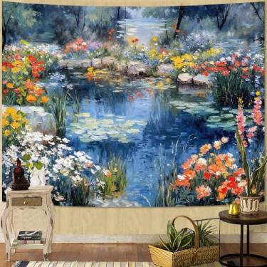 Imagem de kampdream Tapeçaria de cenário, decoração de parede de paisagem de lagoa de flores coloridas, decoração de casa natural para quarto e sala de estar decoração de parede estética