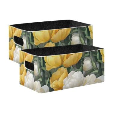 Imagem de xigua Conjunto de 2 caixas de armazenamento de tulipas amarelas, cubo de armazenamento dobrável, organizador de cestas de armazenamento para brinquedos, livros, prateleiras, armário, lavanderia