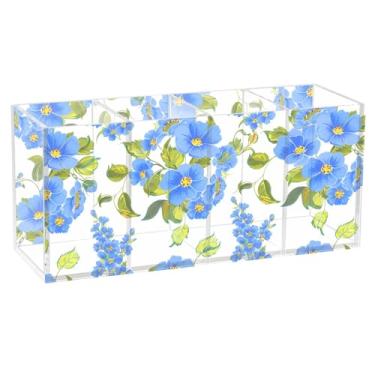 Imagem de Burbuja Porta-canetas de acrílico Blue Flowers com 4 compartimentos, suporte de lápis transparente para pincéis de maquiagem, acessórios de mesa de escritório em casa