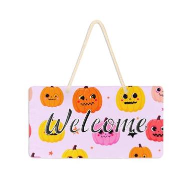 Imagem de Burbuja Placa de boas-vindas de Halloween Jack O Lantern Pumpkins para porta da frente, placa de boas-vindas de PVC para pendurar na parede varanda casa de fazenda, decoração de feriados, 15 x 28 cm