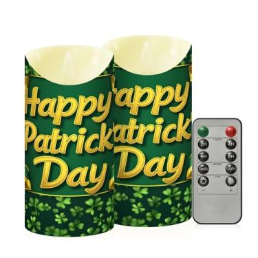 Imagem de Wassud Pacote com 2 velas sem chama Happy St. Patrick's Day com controle remoto, velas realistas cintilantes com temporizador, velas decorativas para Natal, casamento, festa, decoração de casa média