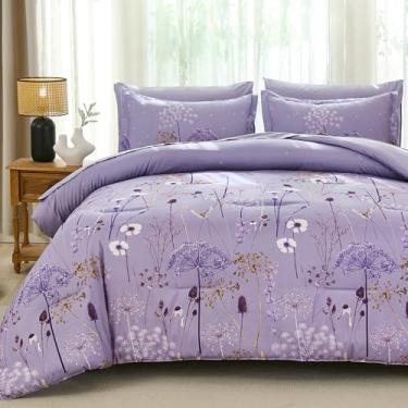 Imagem de Yiran Conjunto de cama king de 7 peças, floral, dente-de-leão roxo, cama botânica em uma bolsa, conjunto completo de microfibra macia com edredom, lençóis, fronhas e fronhas