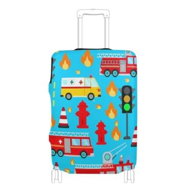 Imagem de Joisal Lindo protetor de bagagem azul de caminhões de bombeiros de desenho fofo, capas de mala de viagem laváveis, legais, manga de viagem, P, serve para capa de 45 a 50 cm, Lindos caminhões de