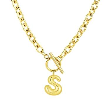 Imagem de Fiiuos Colar com inicial para mulheres, banhado a ouro 18 K, delicada, com pingente de letra bolha personalizada, corrente de elos grossos de clipe de papel com fecho de botão minimalista, joias de