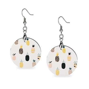 Imagem de Brincos vintage retrô de abacaxi, sem costura, madeira, grande, pendurado, redondo, leve, banhado a cobre, branco