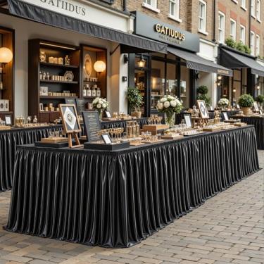 Imagem de Saia de mesa de cetim preta de 4,7 m brilhante de elastano para mesa retangular/redonda com babados e saia sem rugas para cozinha doméstica, decoração de mesa de dormitório de festa de aniversário de