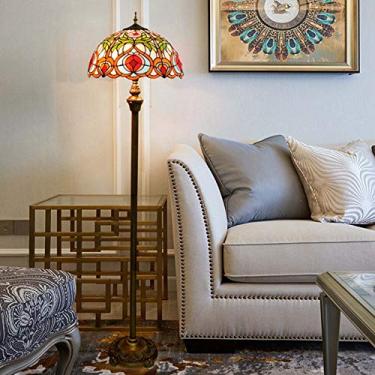 Imagem de Luminária de chão Tiffany com rosas, libélulas, uvas, girassóis e penas, em vitral antigo, 2 lâmpadas, 40,6 x 40,6 x 162,6 cm (16 x 16 x 64 polegadas), ideal para sala de estar, quarto, escr