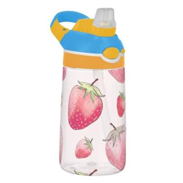 Imagem de Garrafa de água esportiva infantil Tritan de 473 ml com tampa de palha, garrafa de água reutilizável para escola, copo de viagem infantil de 473 ml, alça de transporte, desenho animado morango rosa