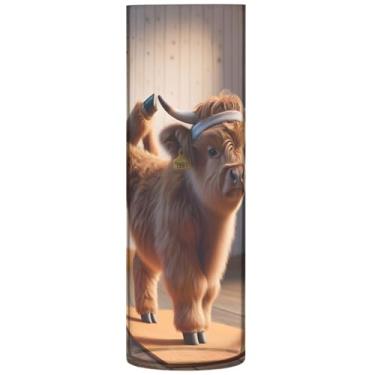 Imagem de Highland Cow Bezerro Yoga Animal Decorativo Vaso de Flores Cilindro Personalizado Vasos Altos para Flores Impressão Floral Mesa Centro, 30 cm x 9,9 cm