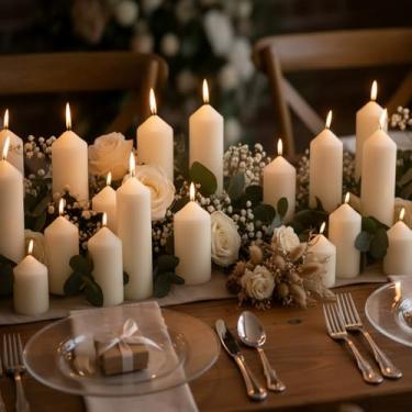 Imagem de Veiuwa Pacote com 36 velas de pilar marfim a granel, 5 x 7 x 10 x 15 cm - 12 de cada tamanho, sem gotejamento, sem fumaça, para centros de mesa de casamento, decoração de casa, igreja, ambiente