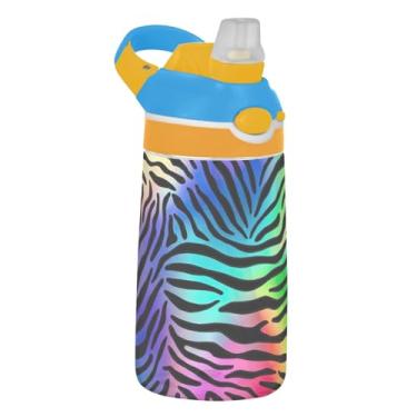 Imagem de Garrafa de água infantil arco-íris colorida zebra leve com canudo 473 ml 473 ml Tritan Sports garrafa de água à prova de vazamento, copos de viagem reutilizáveis para crianças, portátil, alça de