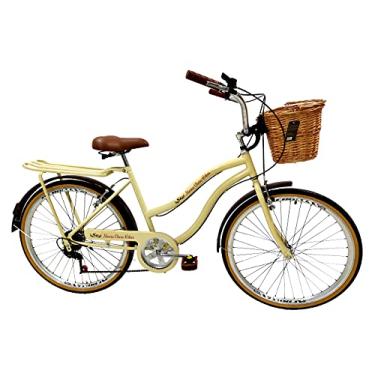 Imagem de Bicicleta aro 26 retrô 6v com cesta de vime bagageiro Bege