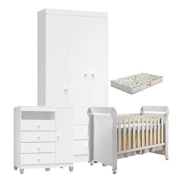 Imagem de Quarto de Bebê 3 Portas Ternura Baby com Berço Mirelle Branco Brilho com Colchão Gazin - Incorplac