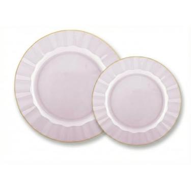 Imagem de Lillian Tablesettings Conjunto de pratos de plástico rosa de 32 peças, pratos de jantar de 40 x 25 cm e pratos de salada de 40 x 18 cm, pratos descartáveis pesados com borda dourada, design elegante
