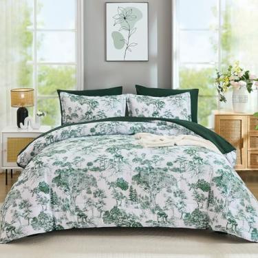 Imagem de DJY Conjunto de edredom queen size, verde botânico, 7 peças, cama em saco, cama em saco, elegante, microfibra macia, reversível, conjunto de cama completo para todas as estações
