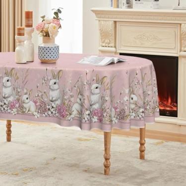Imagem de Horaldaily Toalha de mesa de Páscoa 152 × 213 cm, oval, rosa, coelhinho da Páscoa, lavável, capa de mesa sazonal para decoração de festa, piquenique, jantar