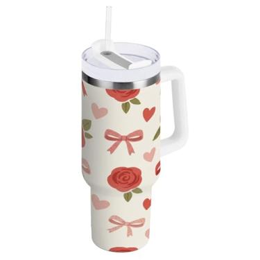 Imagem de Blueangle Copo isolado rosa com alça e tampa de canudo, para o Dia dos Namorados de 850 g, caneca de viagem reutilizável de aço inoxidável (172)