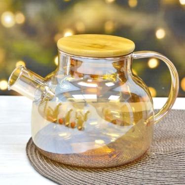 Imagem de Bule Chaleira de Vidro Borossilicato Âmbar vai ao fogo com Tampa de Bambu chaleira de vidro，chaleira，chaleira de vidro que vai ao fogo(AMBAR LISO 1L,2 UNIDADES)