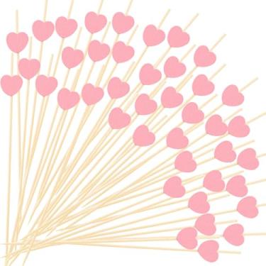 Imagem de 100 palitos de coquetel de coração, palitos de bambu para aperitivos, frutas, comida, bebida, bolo, dia dos namorados, casamento, festa de aniversário, 12 cm (rosa)