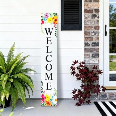 Imagem de DOUSUI Placa de boas-vindas vertical de madeira para varanda da frente, placa decorativa vertical, placa de boas-vindas para porta da frente, uso externo, 128 x 19 cm, decoração externa para decoração