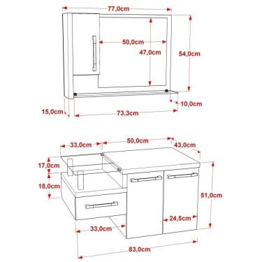 Imagem de Gabinete para Banheiro 2 Portas 1 Gaveta com Cuba Q35 e Espelheira Legno 830w Compace