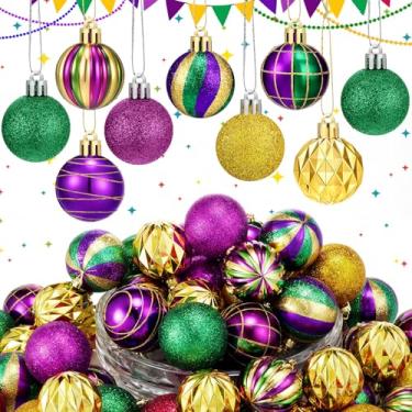 Imagem de Syhood 24 peças de enfeites de baile de carnaval para árvore 5 cm glitter Mardi Gras decorações penduradas à prova de estilhaçamento New Orleans roxo verde dourado listras bolinhas para baile de
