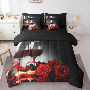 Imagem de Conjunto de cama solteiro com 7 peças, taça de vinho rosa, floral, floral, para banquete, romântico, dia dos namorados, 2 fronhas, 2 fronhas